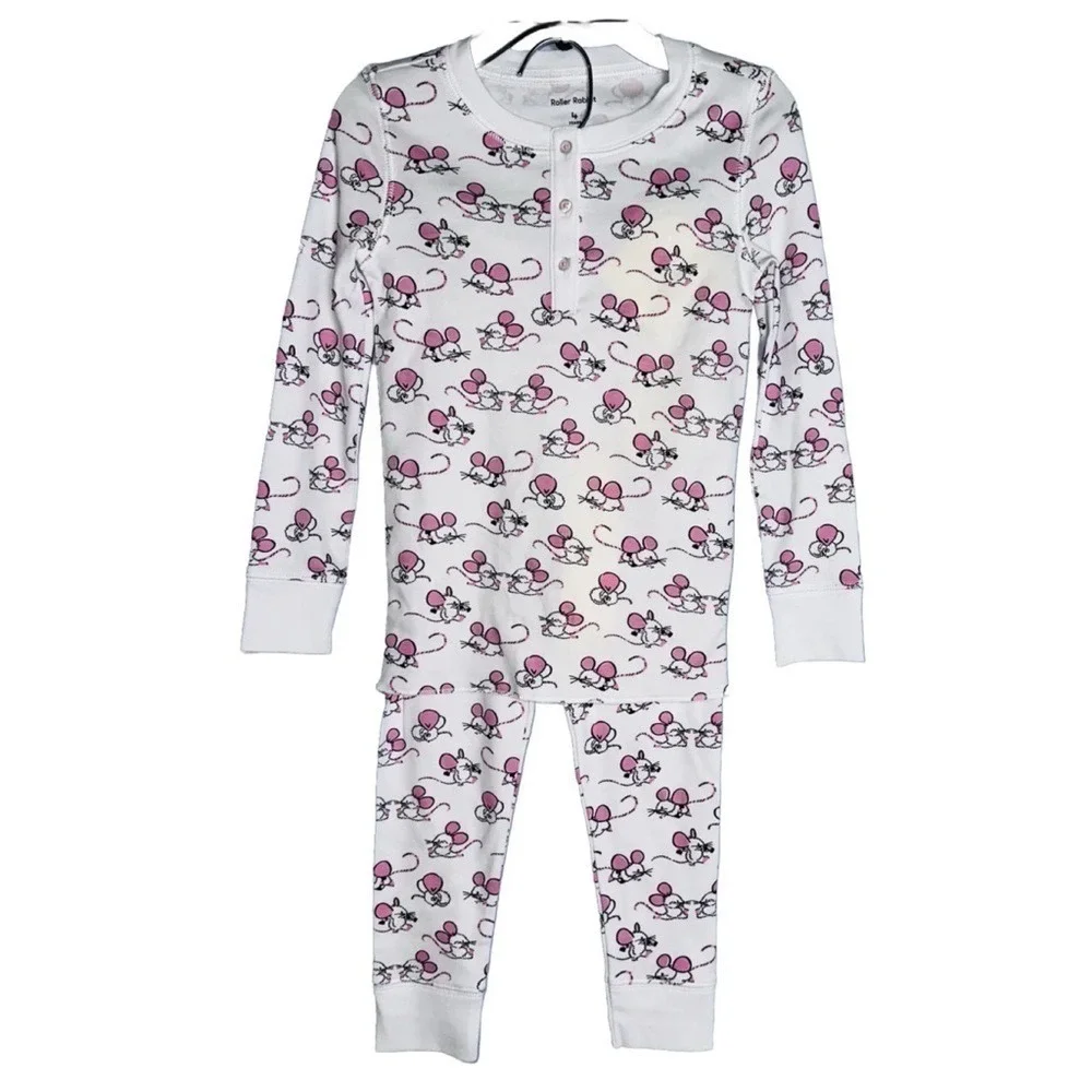 Roller Rabbit Girls Size 4 Pink Mouse‎ Gym Rats PJs Pajama Set